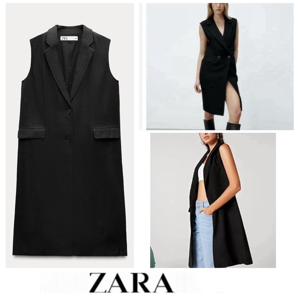 ZARA Black Long Tailored Side Pockets Buttoned Sleeveless Dress Vest Sz S NEW